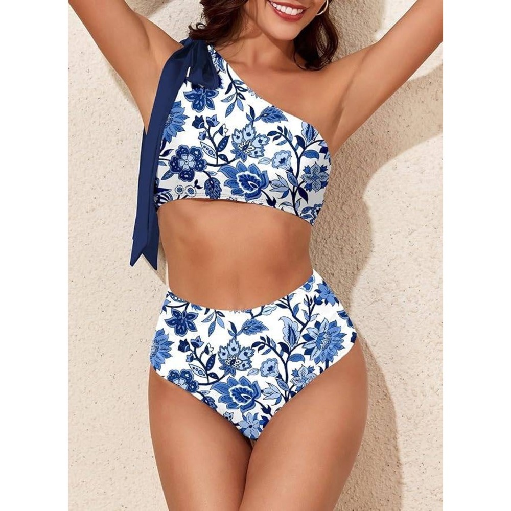 MSRP $35 Herseas Women's M One Bow Shoulder Bikini Set 2 Piece Ruched Swimsuit